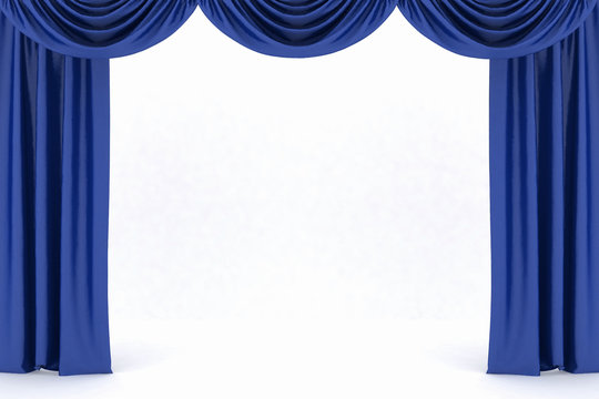 Background image of blue silk stage curtain on theater