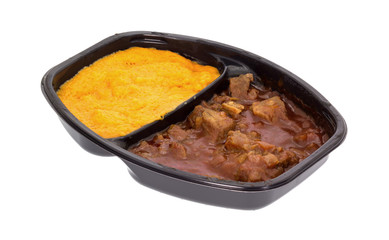 Braised beef and sweet potato TV dinner microwaved