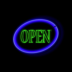 Neon frame Open. Vintage electric sign board with bright neon lights. Vector illustration
