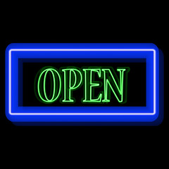 Neon frame Open. Vintage electric sign board with bright neon lights. Vector illustration