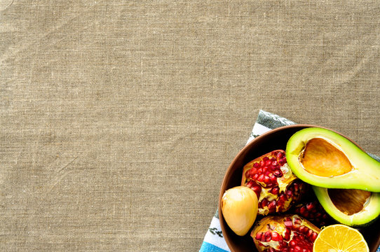 Top flat view of healthy breakfast on linen fabric with copy space