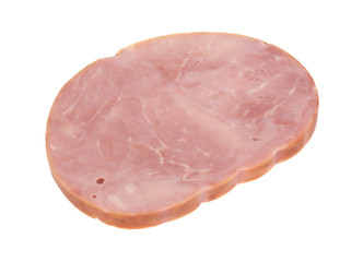 Large slice of low sodium ham steak side view isolated on a white background.