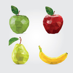 Polygonal Fruits. Red Apple, Green Apple, Pear and Banana in Vector