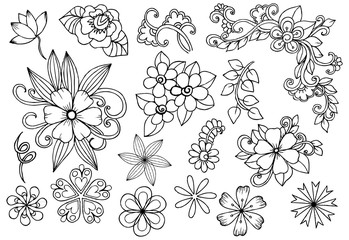 Set of doodle floral design elements in black and white