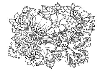 Black and white floral doodle for adult coloring book