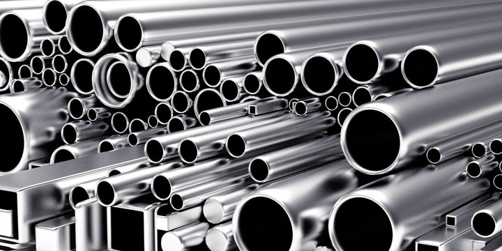 Round, square metal pipes and tubes of different diameters and shapes as background