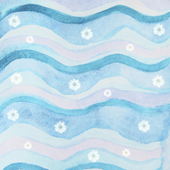 Abstract watercolor background with blue waves and floral daisie