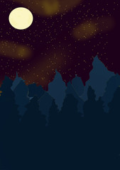 Naklejka premium Krajobraz z sosnowym lasem i żółtą zorzą w nocy