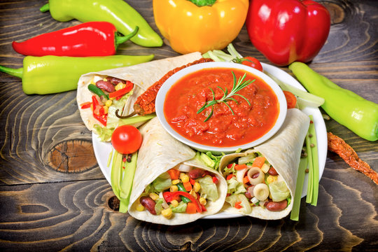 Healthy meal (food), vegetarian food - Mexican salad in tortilla and gazpacho sauce