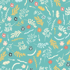 Seamless floral pattern on dark brown background. Yellow flowers and red berries. Background with hand drawn doodle elements