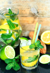 Lemonade. Summer soft drink of lemon, lime and mint with ice