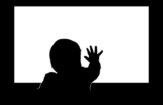 Little Toddler Touching Blank Television Screen With His Hand. Easy Editable Layered Vector Illustration. 