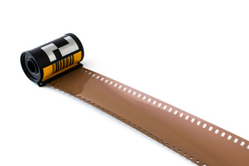 Cartridge of 35 mm negative photo film on white background