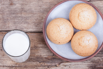 fresh healthy milk and chip cookies top view background