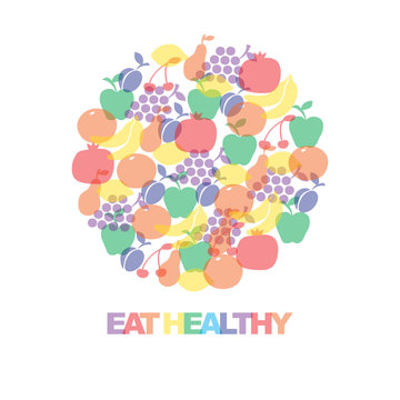Eat healthy - motivational poster or banner with colorful  phrase eat healthy on colorfull background with  icons and signs of fruits. Vector illustration