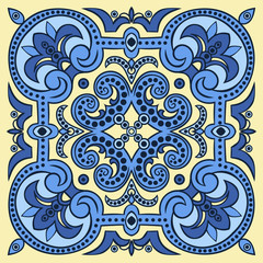 Hand drawing tile pattern in  blue and yellow colors. Italian majolica style.