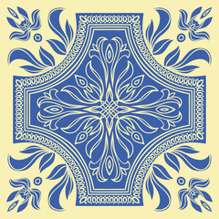 Hand drawing tile pattern in  blue and yellow colors. Italian majolica style.