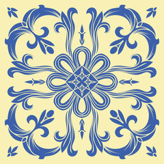 Fototapeta premium Hand drawing tile pattern in blue and yellow colors. Italian majolica style.