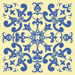 Hand drawing tile pattern in  blue and yellow colors. Italian majolica style.