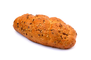 Crispy whole grain bun sprinkled with seeds isolated on white background