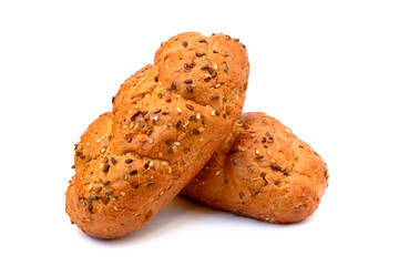 Crispy whole grain bun sprinkled with seeds isolated on white background