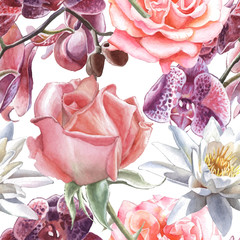 Obrazy  Wzór z akwarela kwiaty. Róża, orchidea i lilia.