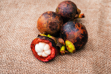 mangosteens on sackcloth background, 