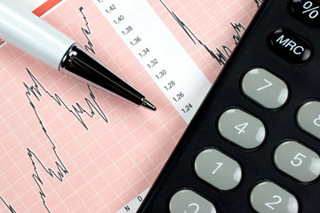 Accounting: Financial charts, graphs, calculator and pen