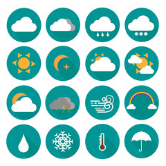 flat weather icons set. different types of weather. for web and app design. sun, clouds, wind, rain, snow, rainbow, temperature, thunder, umbrella