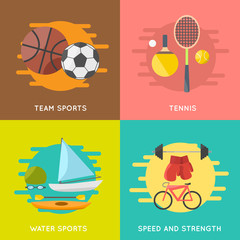 sports vector square banners set. team sports, tennis, water sports, weight lifting, boxing, cycling