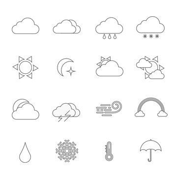thin line weather icons set. different types of weather. for web and app design. sun, clouds, wind, rain, snow, rainbow, temperature, thunder, umbrella