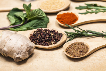 Various spices on kitchen spoons on grunge table
