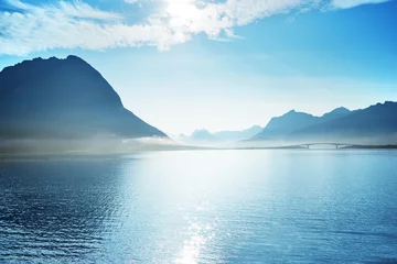 Foto op Plexiglas Hemelsblauw bergen, Lofoten eilanden, Noorwegen