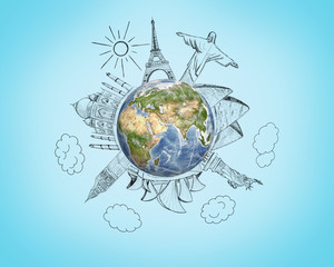 Planet earth with pencil sketches 7 Wonders of the World on blue background. Travel and world concept.