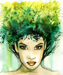 Poster de jardin Inspiration picturale Illustration aquarelle abstraite représentant un portrait d& 39 une femme