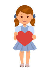 Cute girl in a blue dress holding a red paper heart. Concept design of a female character with a red heart in his hands