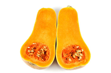 butternut squash cut in halves isolated on white background