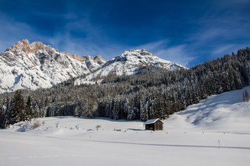 Verschneite Winterlandschaft in den Bergen, schneebedeckte Bäume und Stadel