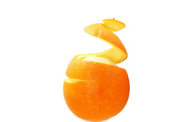 orange half peeled spiral skin isolated on white background