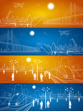 Seaport, railway station, people waiting for the train, industrial and transport illustration set, energy plant, big bridge, night city, people walk on the square, vector design art