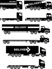 Set of different silhouettes delivery trucks isolated on white background. Vector illustration.