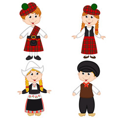 set of isolated children of Scotland and Netherlands nationalities - vector illustration, eps