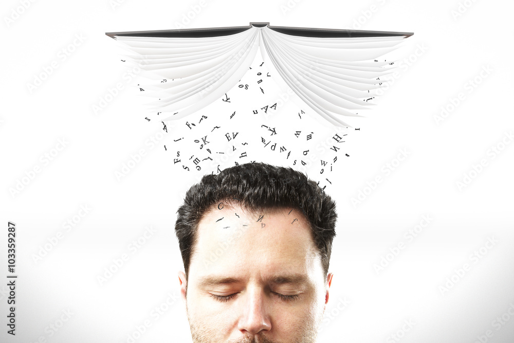 Poster studying concept with man head with opened book and flying lette