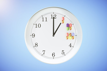 Fototapeta na wymiar Medication intake on time concept with wall clock and pills