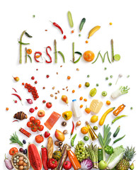 Fresh bomd!! Healthy food symbol represented by foods explosion to show the health concept of...