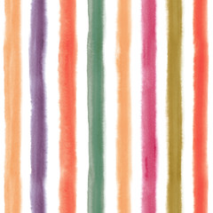 Watercolor pastel colored seamless pattern with stripes on white. Repeat straight stripes texture hand drawing background for design. Retro colors.