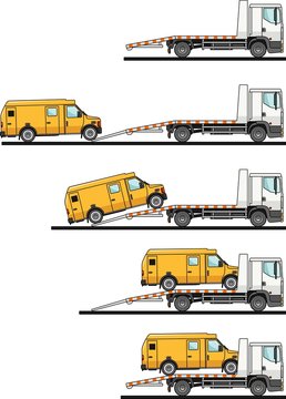 Set of auto transporter and van isolated on white background in flat style in different positions. Vector illustration.