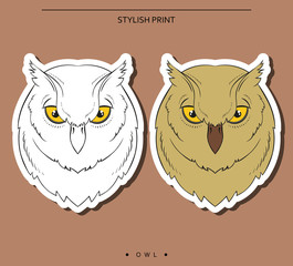 Isolated set of sketch of owls. Color and monochrome owl for design. Print for clothes. Stickers with the bird. Realistic owl . Bird in doodle style handmade. Owl Sticker