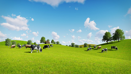 Springtime rural scenery with a herd of cows grazing on the green meadows. Realistic 3D illustration. - obrazy, fototapety, plakaty