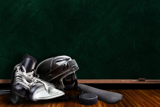 Ice Hockey Equipment and Chalk Board Copy Space